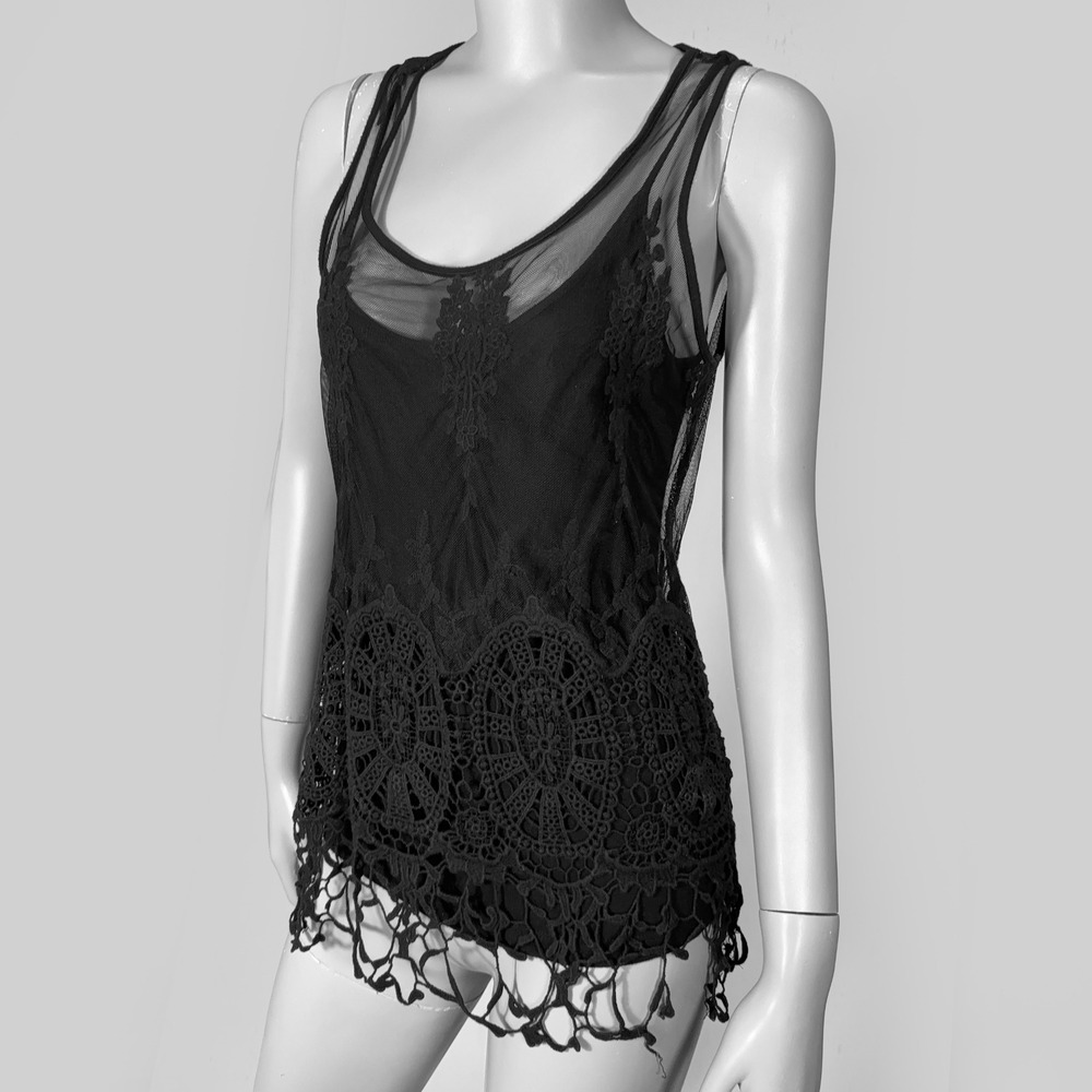 INC Black Mesh Lace Crochet Tank Top & Cami Set Women S Whimsigoth Boho Punk Y2K